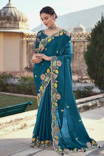 TRENDING JIMMY CHOO EMBROIDERY MULTI THREAD CODING WORK SAREE WITH UNSTITCHED BLOUSE RAMA