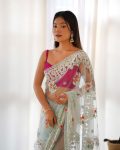TRENDING NET EMBROIDERY CHAIN STITCH WORK SAREE WITH UNSTITCHED BLOUSE PARTY WEAR WHOLESALE PRICE ETHNIC GARMENT (2)