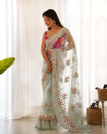 TRENDING NET EMBROIDERY CHAIN STITCH WORK SAREE WITH UNSTITCHED BLOUSE SKY