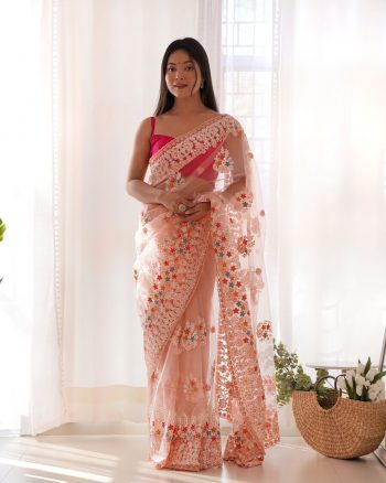 TRENDING NET EMBROIDERY CHAIN STITCH WORK SAREE WITH UNSTITCHED BLOUSE BABY PINK