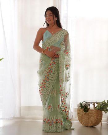 TRENDING NET EMBROIDERY CHAIN STITCH WORK SAREE WITH UNSTITCHED BLOUSE MINT
