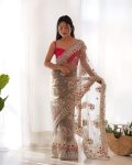 TRENDING NET EMBROIDERY CHAIN STITCH WORK SAREE WITH UNSTITCHED BLOUSE GREY