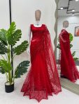 TRENDING NET THREAD SEQUENCE WORK SAREE WITH UNSTITCHED BLOUSE RED