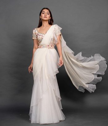 TRENDING ORGANZA PLAIN RUFFLE WORK LEHENGA SAREE WITH STITCHED BLOUSE WHITE