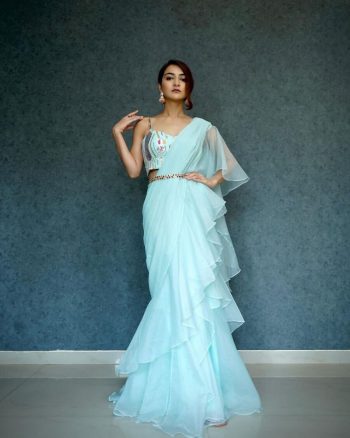 TRENDING ORGANZA PLAIN RUFFLE WORK LEHENGA SAREE WITH STITCHED BLOUSE SKY