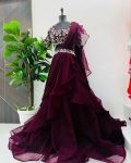 TRENDING ORGANZA PLAIN RUFFLE WORK LEHENGA SAREE WITH STITCHED BLOUSE WINE