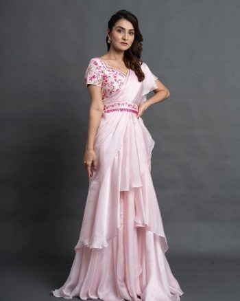 TRENDING ORGANZA PLAIN RUFFLE WORK LEHENGA SAREE WITH STITCHED BLOUSE BABY PINK