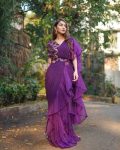 TRENDING ORGANZA PLAIN RUFFLE WORK LEHENGA SAREE WITH STITCHED BLOUSE PURPLE