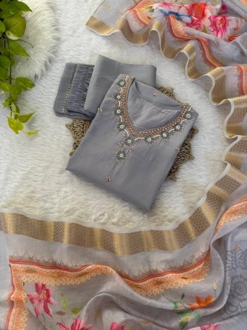 TRENDING ROMAN SILK HAND WORK TOP BOTTOM WITH DUPATTA GREY