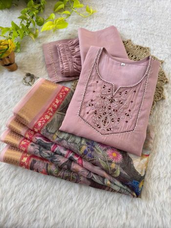 TRENDING ROMAN SILK HAND WORK TOP BOTTOM WITH PRINTED DUPATTA PINK