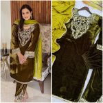 TRENDING VELVET EMBROIDERY LACE WORK TOP BOTTOM WITH DUPATTA MEHNDI
