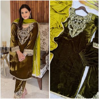 TRENDING VELVET EMBROIDERY LACE WORK TOP BOTTOM WITH DUPATTA MEHNDI
