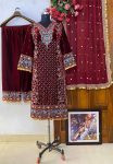 TRENDING VELVET EMBROIDERY SEQUENCE LACE WORK TOP BOTTOM WITH DUPATTA MAROON