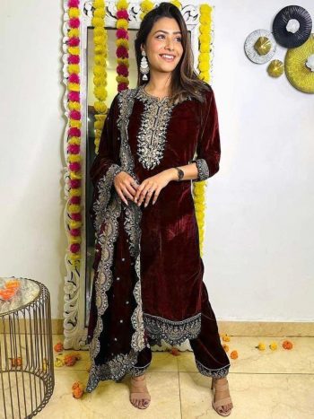 TRENDING VELVET ZARI EMBROIDERY WORK TOP PALAZZO WITH DUPATTA MAROON