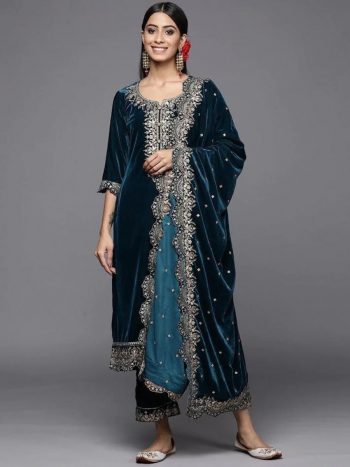 TRENDING VELVET ZARI EMBROIDERY WORK TOP PALAZZO WITH DUPATTA TEAL