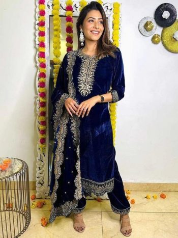 TRENDING VELVET ZARI EMBROIDERY WORK TOP PALAZZO WITH DUPATTA BLUE
