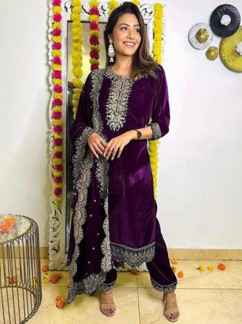 TRENDING VELVET ZARI EMBROIDERY WORK TOP PALAZZO WITH DUPATTA WINE