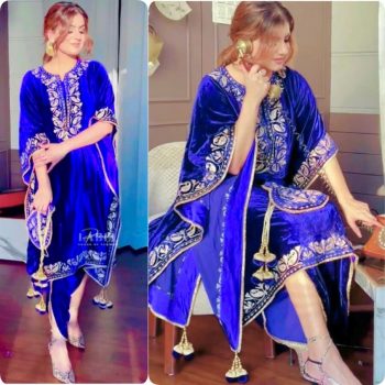TRENDING VISCOSE VELVET EMBROIDERY BORDER WORK KAFTAN WITH DHOTI AND BATWA BLUE