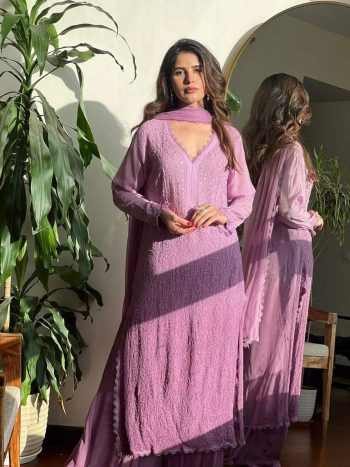 TRENDY GEORGETTE EMBROIDERY THREAD WORK TOP PALAZZO WITH DUPATTA PINK