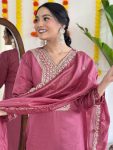 VISCOSE CHANDERI SEQUENCE CODING EMBROIDERY WORK TOP BOTTOM WITH DUPATTA FESTIVE WEAR WHOLESALE PRICE ETHNIC GARMENT (8)
