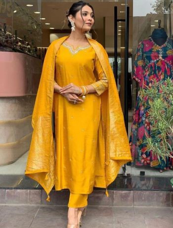 DESIGNER BANANA SILK ZARI AND JACQUARD WORK WITH LINING WORK TOP BOTTOM WITH DUPATTA YELLOW