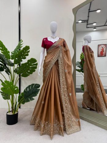 DESIGNER BURBERRY SILK THREAD WITH SEQUENCE WORK SAREE WITH UNSTITCHED BLOUSE CHIKU