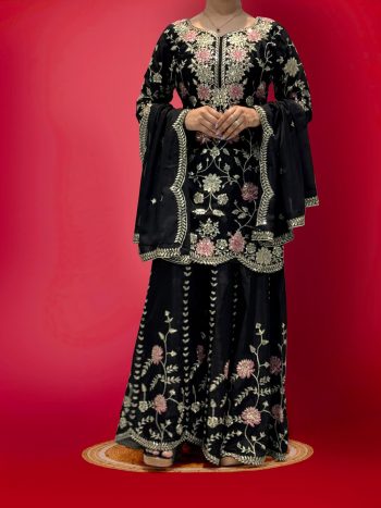 DESIGNER CHINON EMBROIDERY SEQUENCE THREAD WORK TOP PALAZZO WITH DUPATTA BLACK