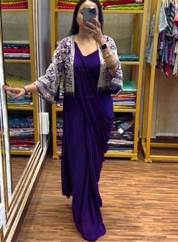 DESIGNER CHINON PLAIN READY TO WEAR SAREE WITH STITCHED BLOUSE AND EMBROIDERY WITH FANCY LACE WORK KOTI  PURPLE