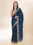 DESIGNER CHINON SILK SEQUENCE EMBROIDERY SAREE WITH UNSTITCHED BLOUSE  TEAL