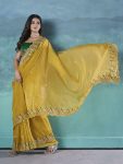 DESIGNER GOLD CRUNCHY EMBROIDERED WORK OF MULTI THREAD SEQUENCE WITH CUTWORK BORDER SAREE WITH UNSTITCHED BLOUSE YELLOW
