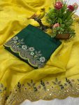 1DESIGNER GOLD CRUNCHY EMBROIDERED WORK OF MULTI THREAD SEQUENCE WITH CUTWORK BORDER SAREE WITH UNSTITCHED BLOUSE FESTIVE WEAR WHOLESALE PRICE ETHNIC GARMENT(57)