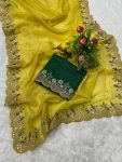 1DESIGNER GOLD CRUNCHY EMBROIDERED WORK OF MULTI THREAD SEQUENCE WITH CUTWORK BORDER SAREE WITH UNSTITCHED BLOUSE FESTIVE WEAR WHOLESALE PRICE ETHNIC GARMENT(57)