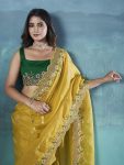 1DESIGNER GOLD CRUNCHY EMBROIDERED WORK OF MULTI THREAD SEQUENCE WITH CUTWORK BORDER SAREE WITH UNSTITCHED BLOUSE FESTIVE WEAR WHOLESALE PRICE ETHNIC GARMENT(57)