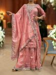 1DESIGNER GOLD CRUSH EMBROIDERY SEQUENCE THREAD AND READY MADE LACE WORK TOP PALAZZO WITH DUPATTA FESTIVE WEAR WHOLESALE PRICE ETHNIC GARMENT (4)