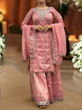 DESIGNER GOLD CRUSH EMBROIDERY SEQUENCE THREAD AND READY MADE LACE WORK TOP PALAZZO WITH DUPATTA BABY PINK