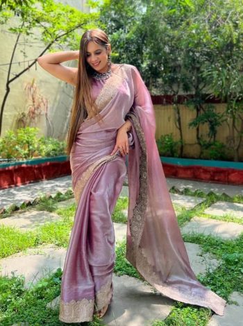 DESIGNER JIMMY CHOO EMBROIDERY WORK WITH CUT WORK BORDER AND DIAMOND WORK SAREE WITH UNSTITCHED BLOUSE  BABY PINK