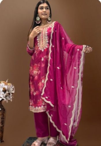 DESIGNER ORGANZA DIGITAL PRINTED EMBROIDERY CODING SEQUENCE WORK TOP BOTTOM WITH DUPATTA PINK