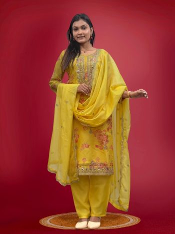 DESIGNER ORGANZA DIGITAL PRINTED EMBROIDERY CODING SEQUENCE WORK TOP BOTTOM WITH DUPATTA YELLOW