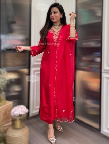 DESIGNER ROMAN SILK EMBROIDERY WORK TOP BOTTOM WITH DUPATTA RED