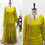 DESIGNER SATIN SILK SEQUENCE EMBROIDERY WORK TOP SHARARA WITH DUPATTA  PARROT GREEN