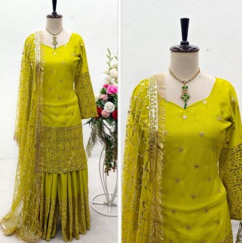 DESIGNER SATIN SILK SEQUENCE EMBROIDERY WORK TOP SHARARA WITH DUPATTA  PARROT GREEN