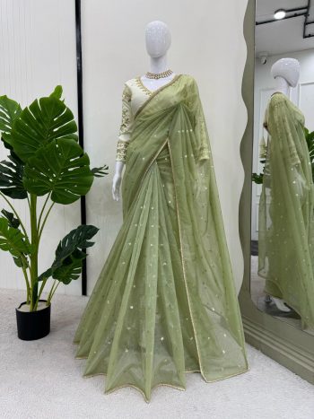 DESIGNER TWILL NET  THREAD SEQUENCE WORK SAREE WITH STITCHED BLOUSE PISTA
