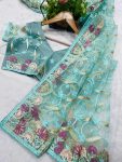 1FANCY BUTTERFLY NET EMBROIDERY MULTI THREAD CHAIN STITCH WORK SAREE WITH UNSTITCHED BLOUSE PARTY WEAR WHOLESALE PRICE ETHNIC GARMENT (32)