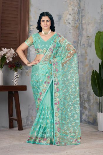 FANCY BUTTERFLY NET EMBROIDERY MULTI THREAD CHAIN STITCH WORK SAREE WITH UNSTITCHED BLOUSE SKY