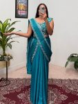 FANCY CHINON EMBROIDERY LACE BORDER WORK READY TO WEAR SAREE WITH STITCHED BLOUSE  SKY