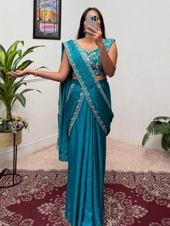 FANCY CHINON EMBROIDERY LACE BORDER WORK READY TO WEAR SAREE WITH STITCHED BLOUSE  SKY