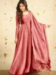 FASHIONABLE CRUSH SILK EMBROIDERY SEQUENCE WORK GOWN BOTTOM WITH DUPATTA PEACH