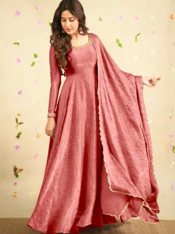 FASHIONABLE CRUSH SILK EMBROIDERY SEQUENCE WORK GOWN BOTTOM WITH DUPATTA PEACH