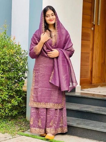 LATEST CRUNCHY SILK EMBROIDERY SEQUENCE WORK  TOP SHARARA WITH DUPATTA PURPLE