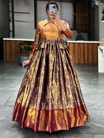 LATEST KANJIVARAM SILK WEAVING WITH CONTRAST BORDER GOWN WITH KOTI  PURPLE